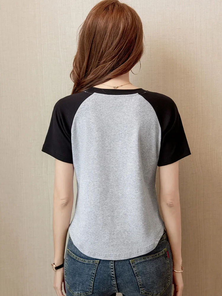 New Women Summer Short T-shirt Fashion Patchwork Contrast Color Loose Tees Tops Casual Simplicity O-Neck Short Sleeve T-shirt