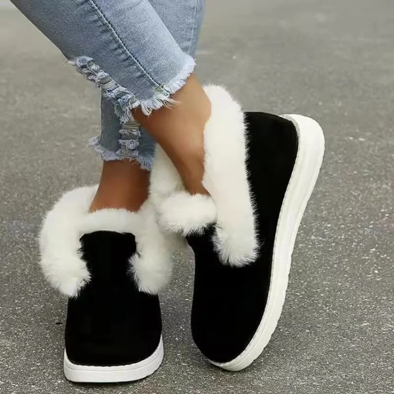 New 2024 Ladies Slip on Comfortable Ankle Boots Women Winter Warm Plush Fur Snow Boots Suede Shoes Female Footwear Femininas