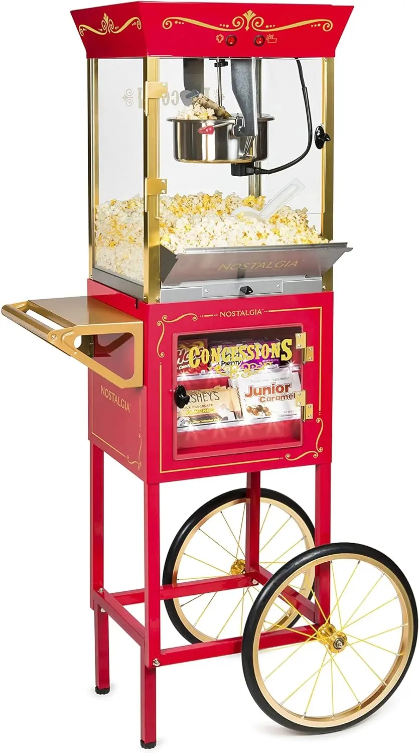 Nostalgia Popcorn Maker Machine - Professional Cart With 10 Oz Kettle Makes Up to 40 Cups with Candy & Kernel Dispenser -  Red