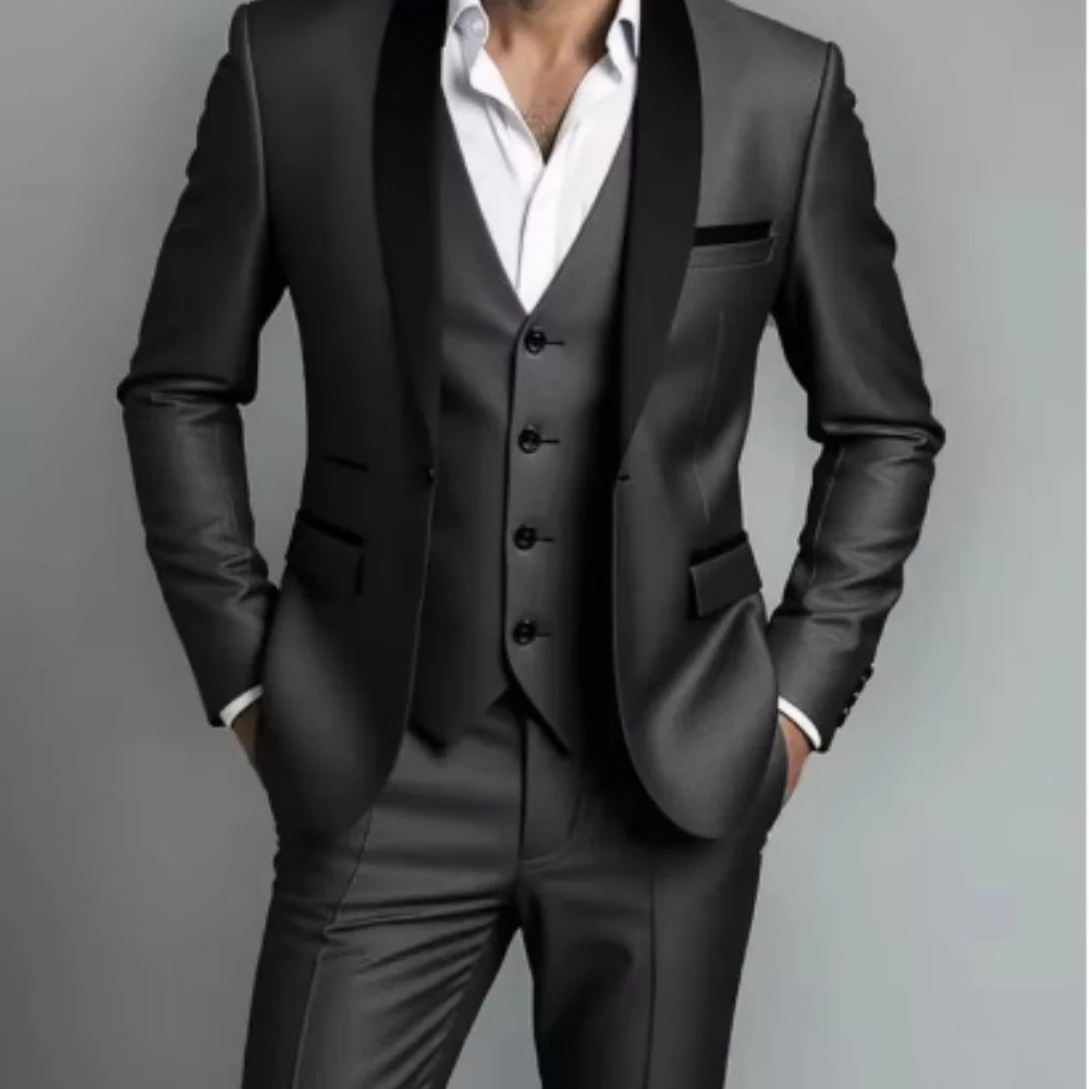

Men's Black White Slim Fit Three Piece Suit Set Large Size Autumn Wedding Party Blazer Coat Pants Vest Fashion Male Outfit