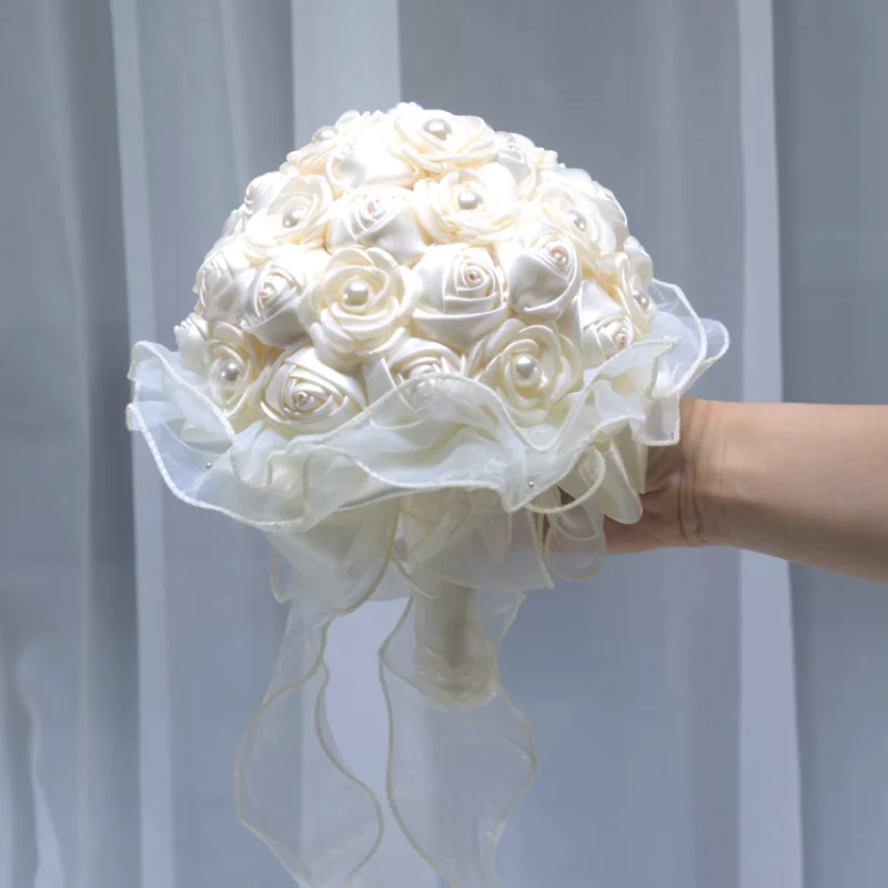 White Satin Rose Flower Quinceanera Wedding Bouquets with Rhinestones Pearls Handmade Bride Bridesmaid Bouquets brooch bouquet