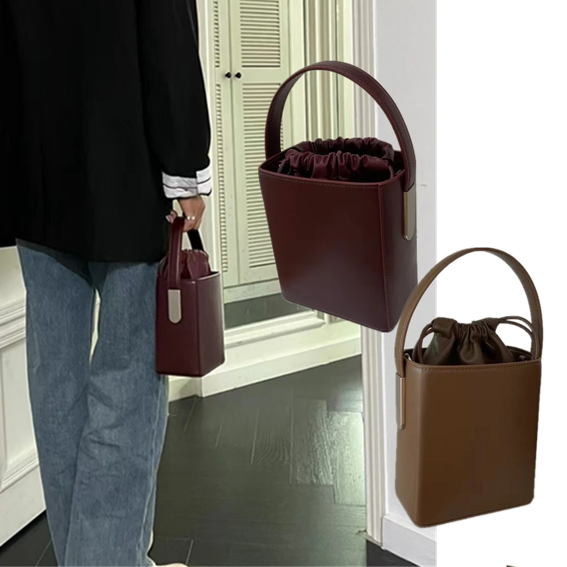 Dave & Di minimalista bolsa de couro genuíno para mulheres, moda quadrada bolsa de balde, couro único ombro, bolsa tiracolo portátil