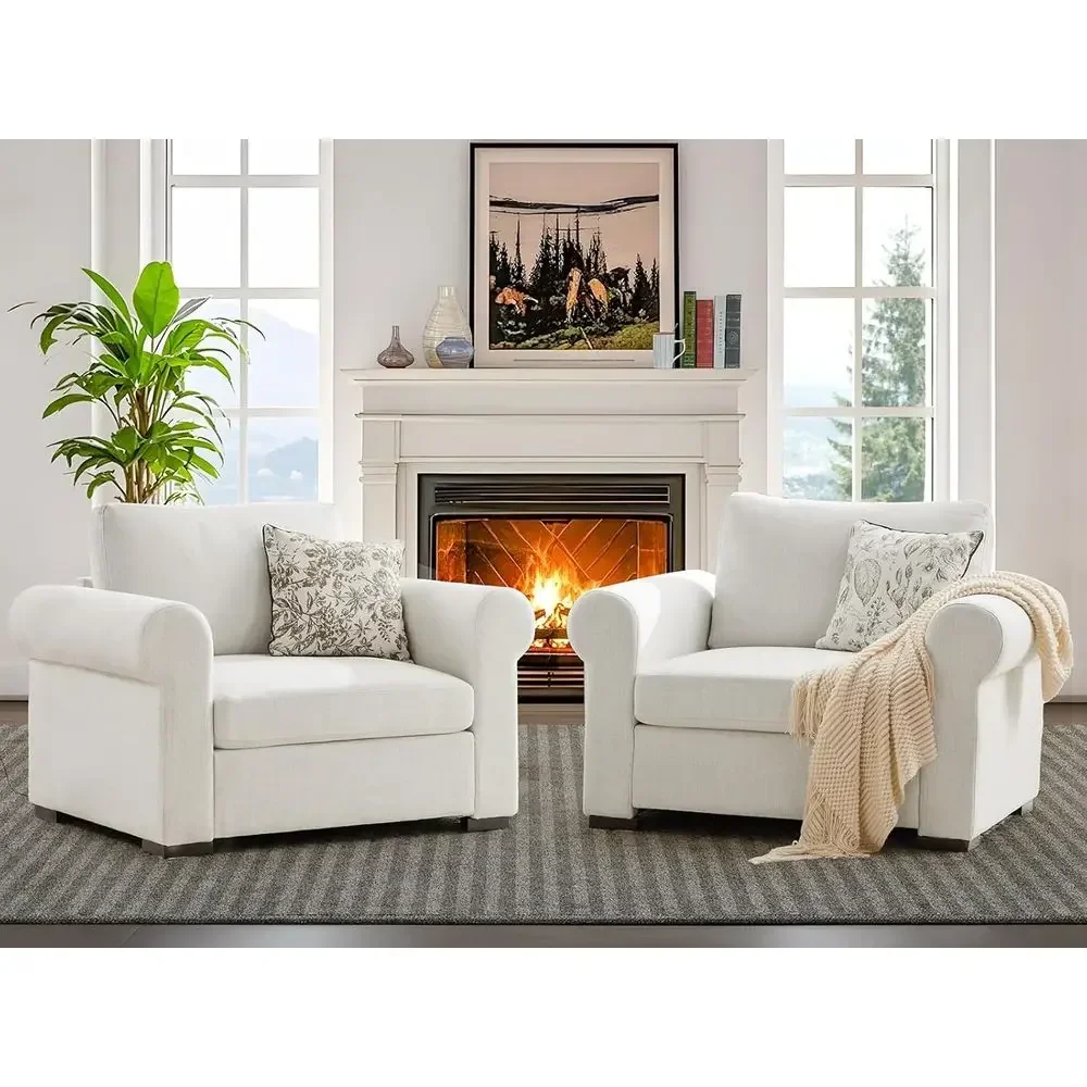 Large Linen Upholstered Chair with Deep Seat, Washable Covers, Ideal for Living Room, Bedroom, or Office, Ivory
