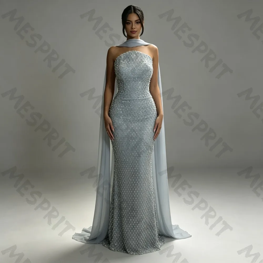 Customized Haze Blue Strapless Fishtail Evening Gowns, Full of Diamond Sequin, Chiffon Ribbon Shawl, and Floor Party Dresses