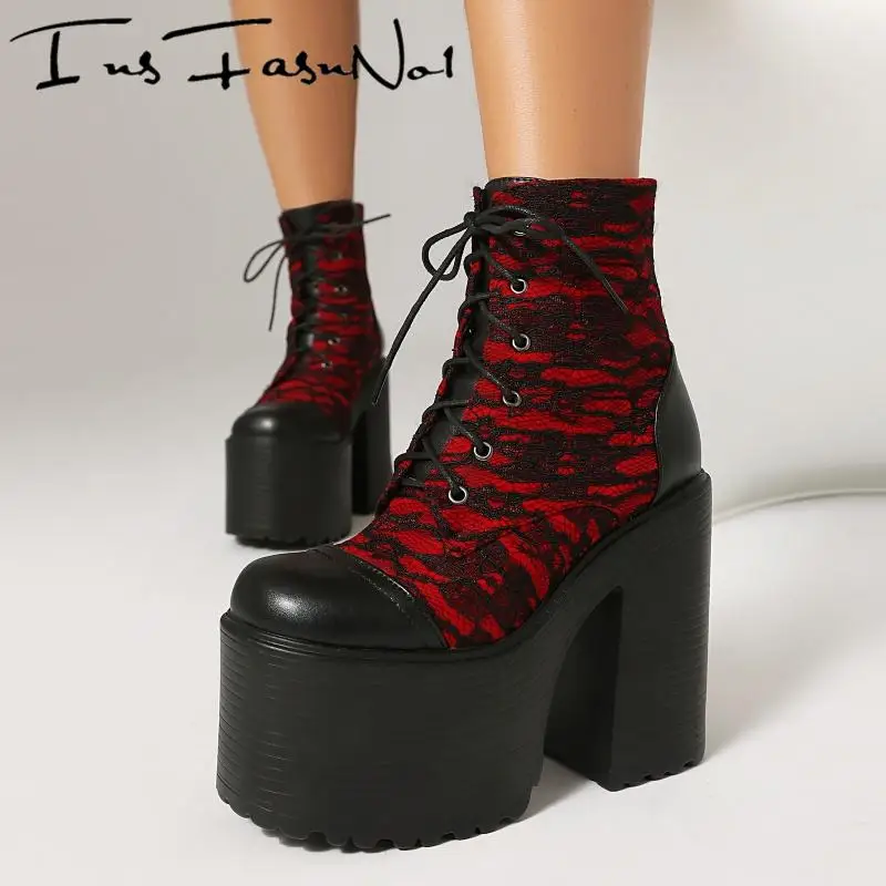 

Punk Thick Bottom Platform Women Ankle Boots Large Size High Heel Lace All Match Motorcycle Boots Female Casual Knight Botas New