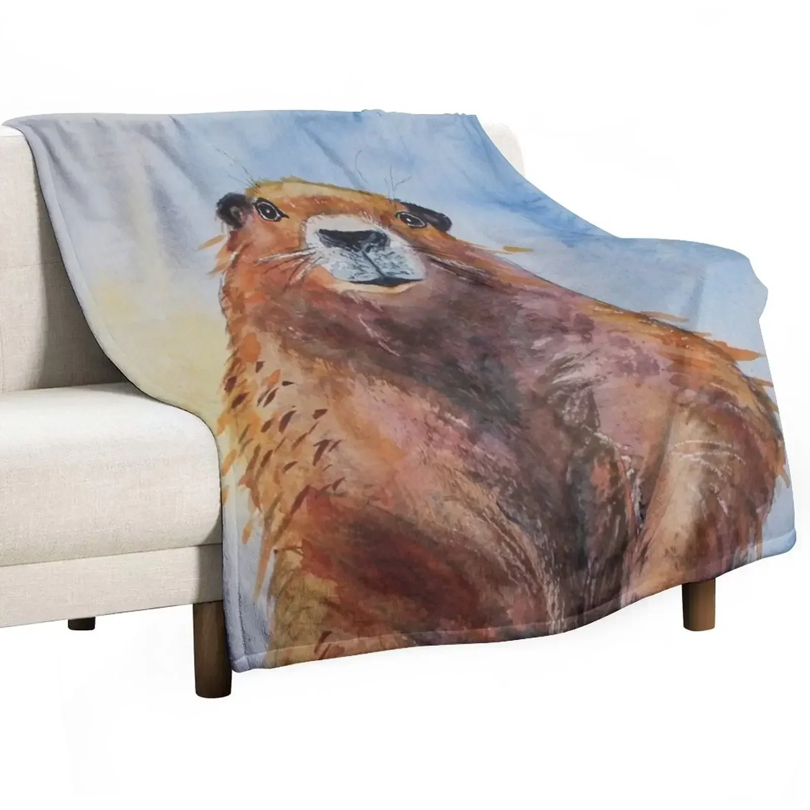 

Standing Groundhog Day, Marmot Gofer realistic Watercolour Throw Blanket Faux Fur Soft Warm Blanket for Bed
