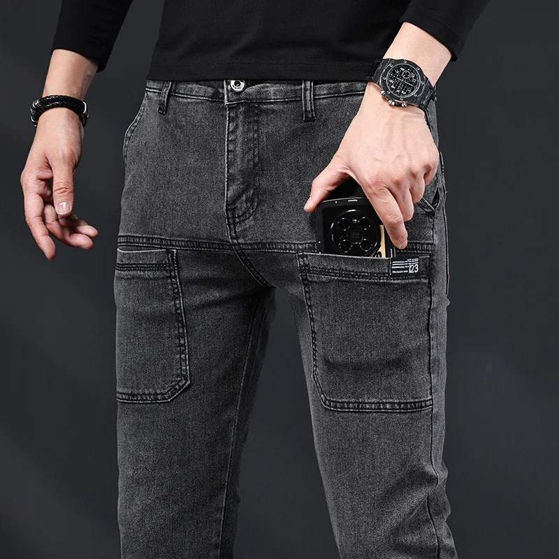 

2024 New Men's Slim Jeans Stretch Skinny Multi Pocket Fashion Designer Denim Trousers Male Brand Clothes Pants Streetwear
