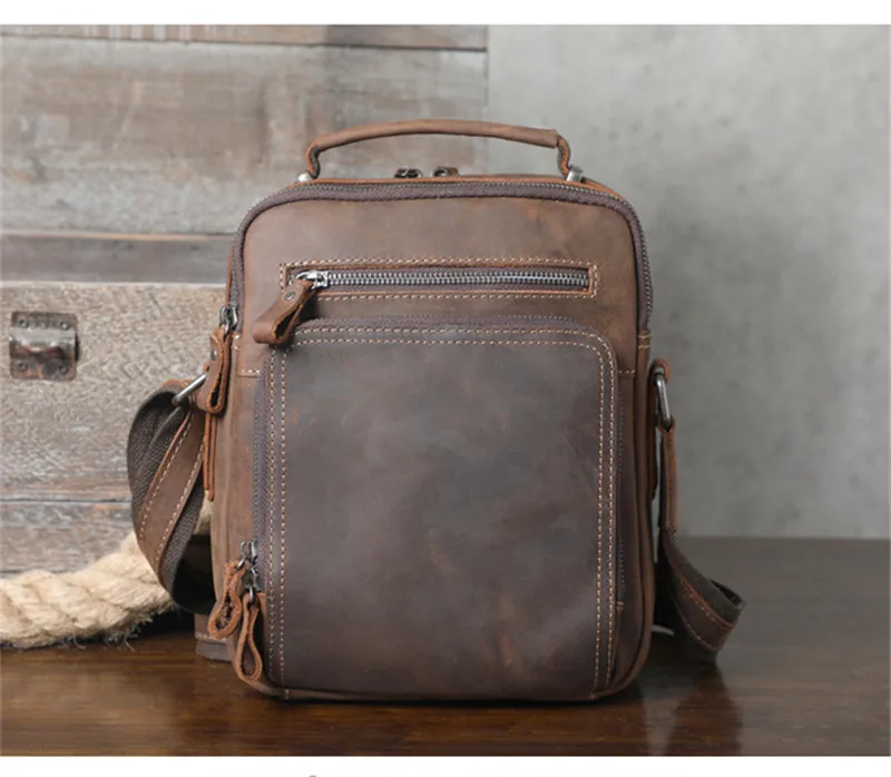 High quality crazy horse cowhide men's shoulder bag outdoor handmade travel work natural genuine leather small handbag satchel
