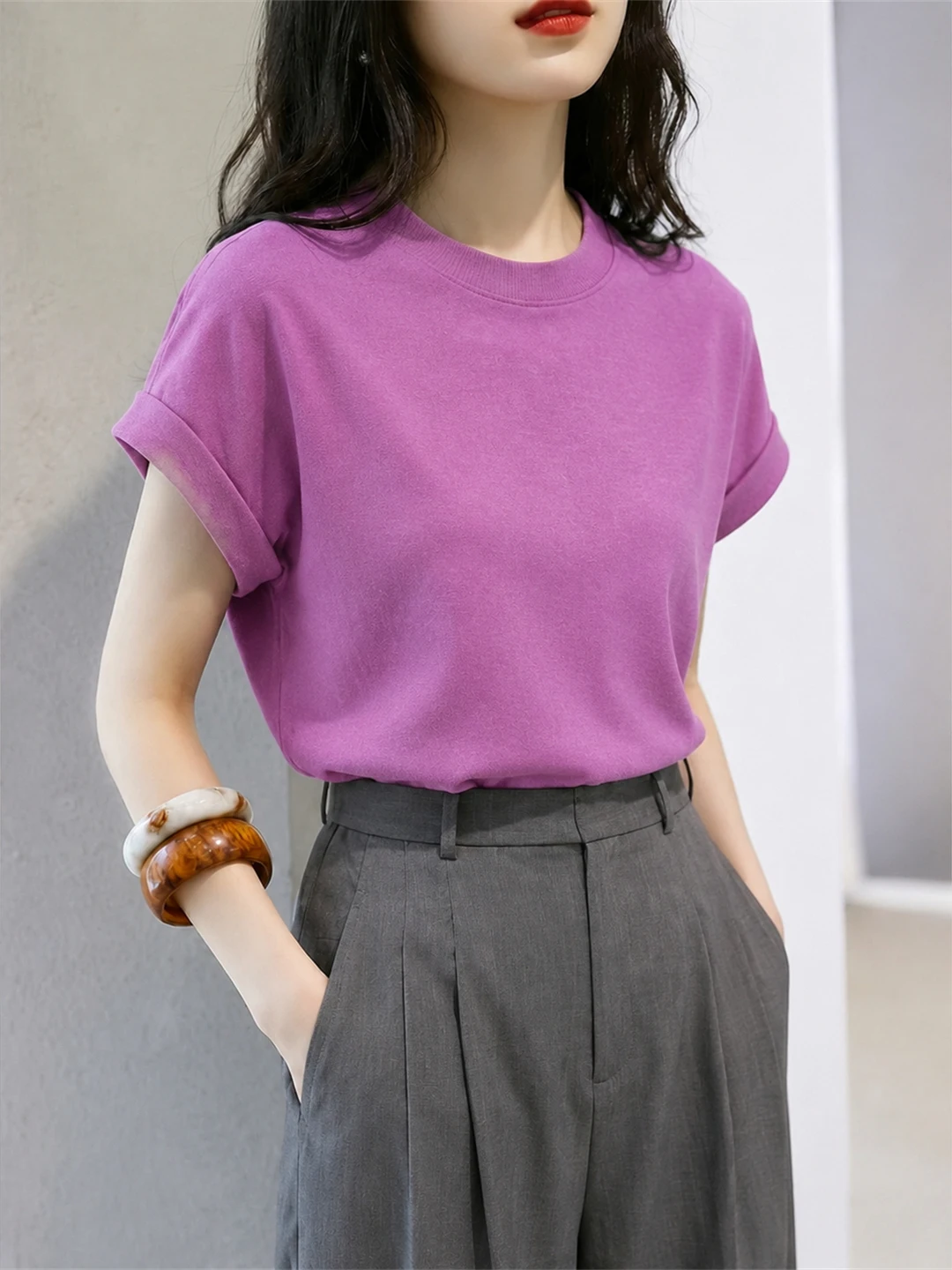 Skin-friendly round Neck Casual Short Sleeve T-shirt All-match Summer Top Simple Pure Color Korean Style Commute Fashion