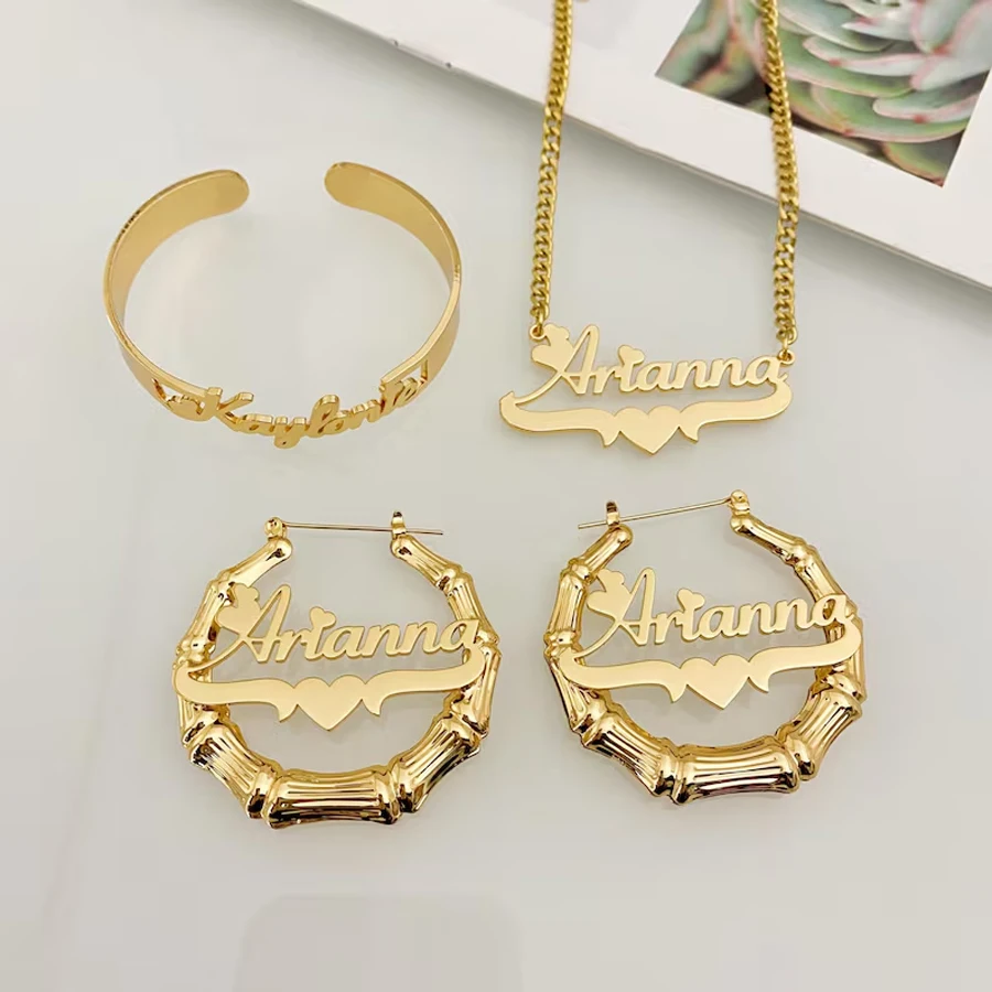 

Acheerup New Personalized Name Bamboo Earrings Necklace Bangle for Women Stainless Steel Custom Heart Jewelry Set Birthday Gift