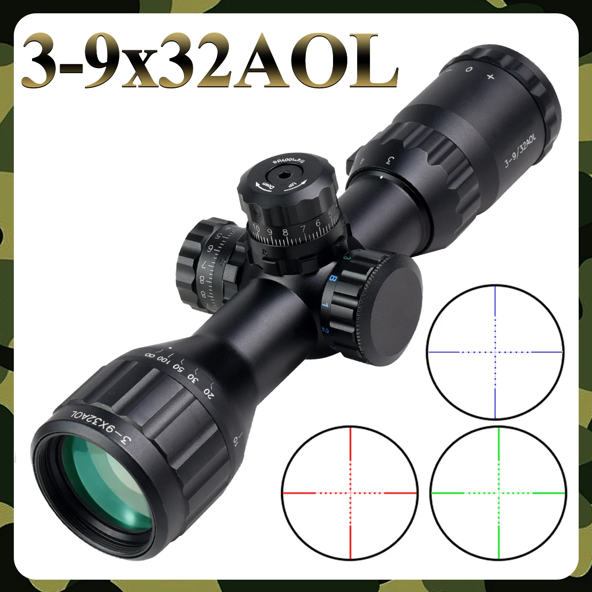 3-9x32 AOL Compact Riflescopes Tactical Hunting Scope Red/Green Tri-Illuminated Adjustable Optics Airsoft Sight with Lock System