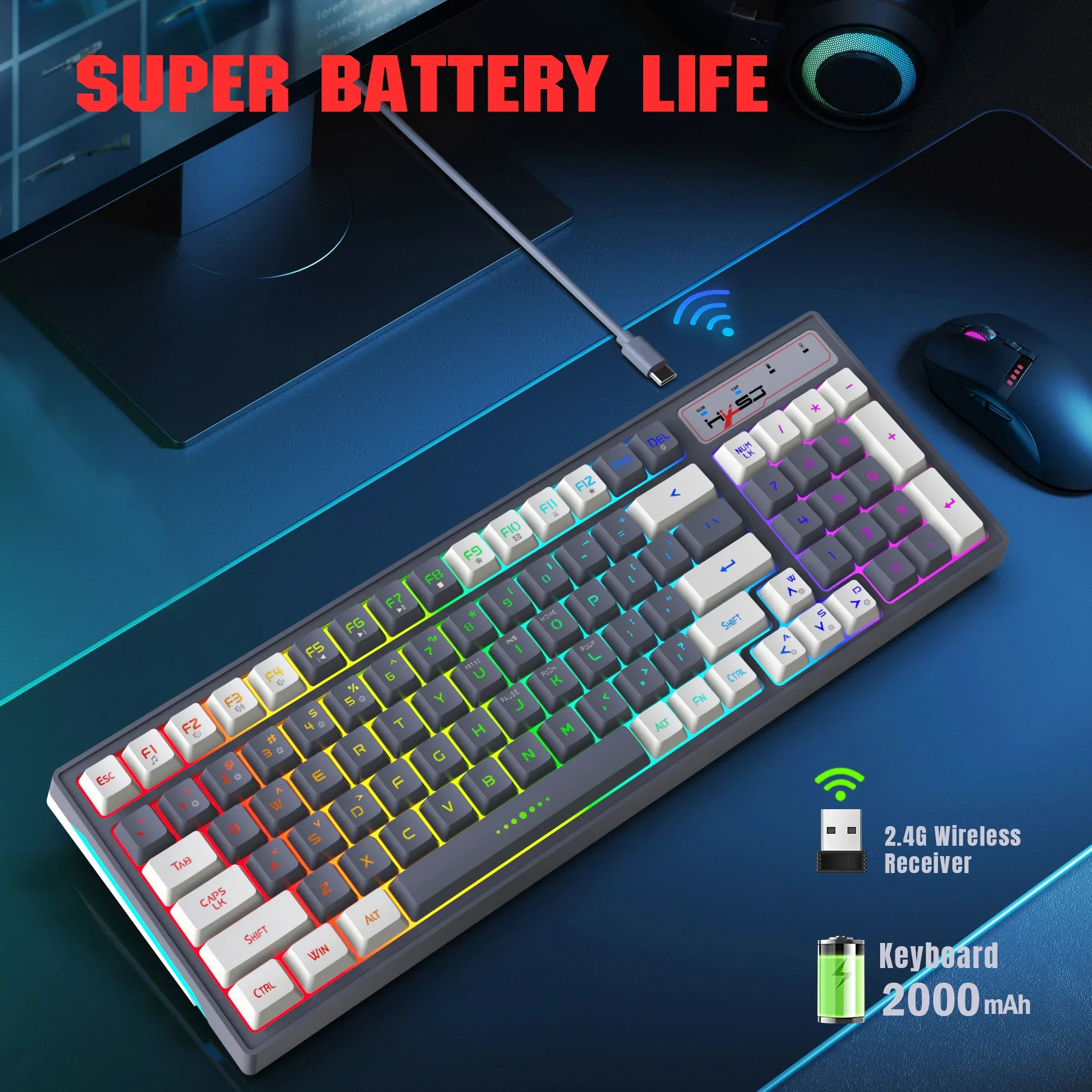 

Wireless membrane Keyboard 96Key RGB Backlight USB Two-Color Injection Keycap TYPE-C Interface For Laptop Office Home Gamer