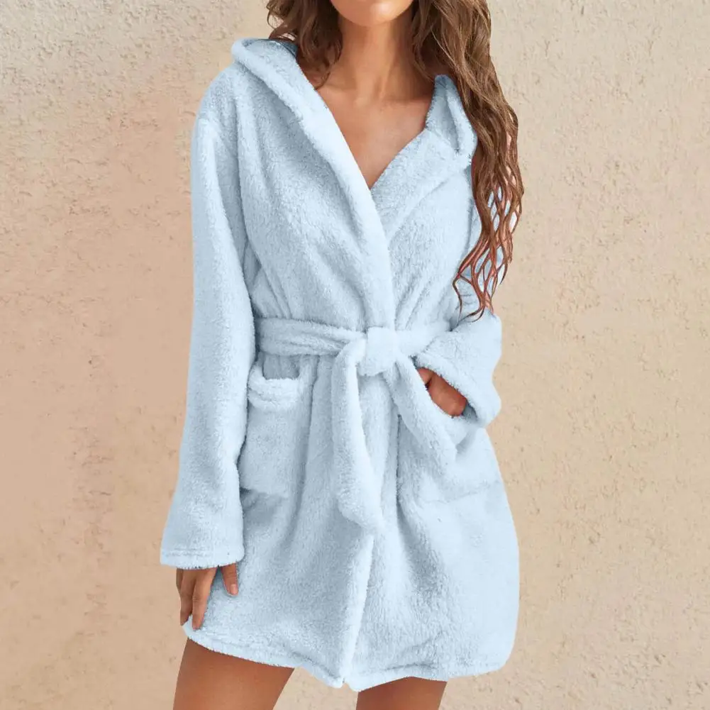 Plush Women Bathrobe Lace Up Women Winter Sleeping Gown Robes Sleepwear Cardigan Tight Waist Plush Water Absorption Nightgown