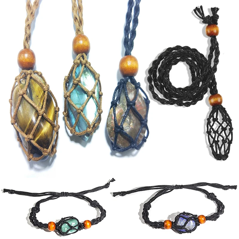 Necklace Cord Empty Meditation Stone Holder Bracelets Natural Crystals Healing Stone Chakra Point Knit Netted Indians Amulets