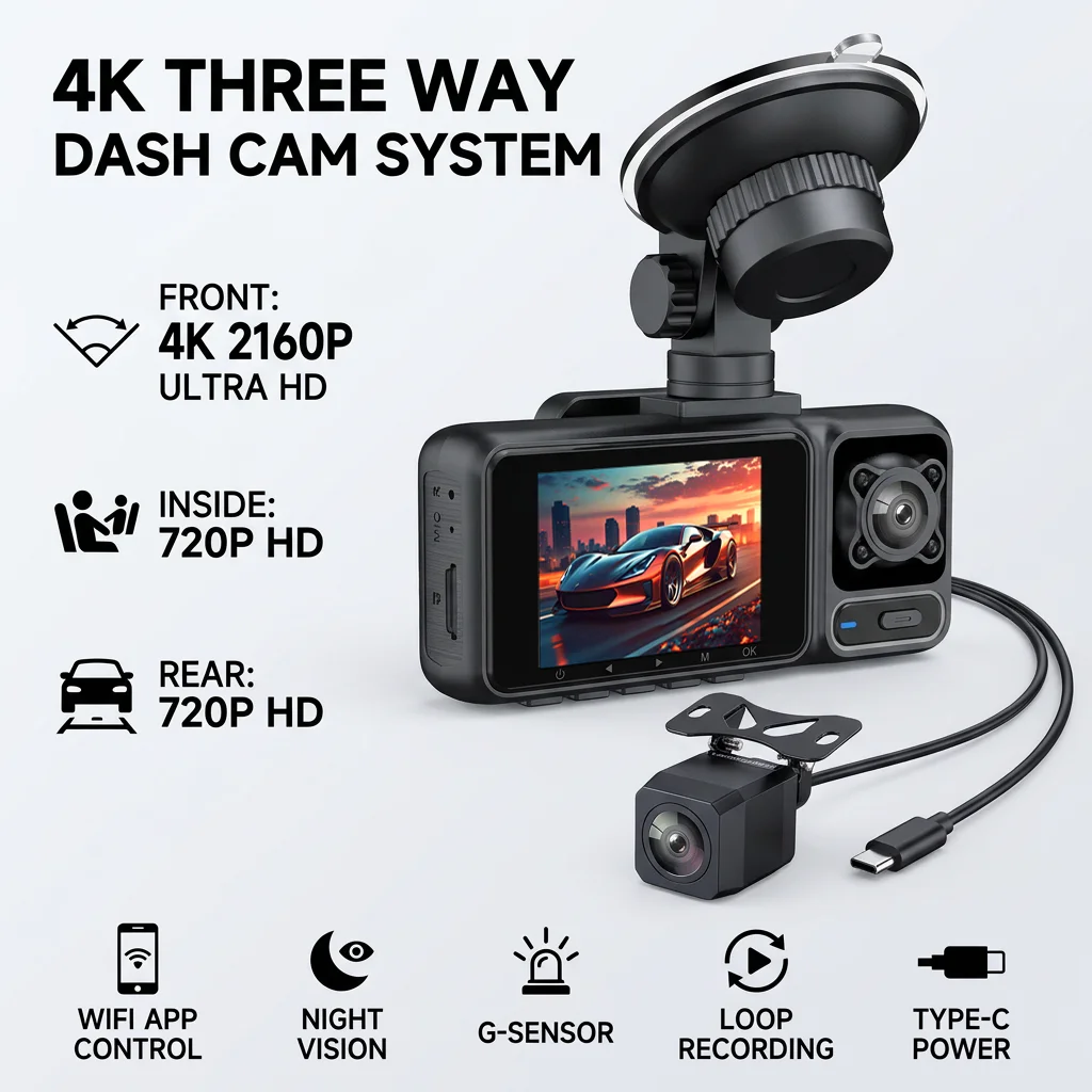 4K 2160P Dash Cam 3 Lens WiFi Car DVR Front Inside Rear Triple Camera 720P Video Recorder Allwinner G-sensor 24H Parking Monitor