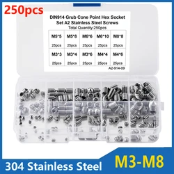250pcs /200pcs DIN914 304 Stainless Steel Hex Hexagon Socket Set Screw Cone Point Grub Screw Tapered Bolt M3 M4 M5 M6 M8