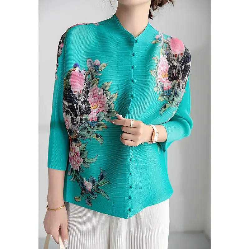 2023 New Sanzhai Pleated Print Top Spring/Summer Chinese Style Retro Loose Middle aged Mom Small Blouse Girl