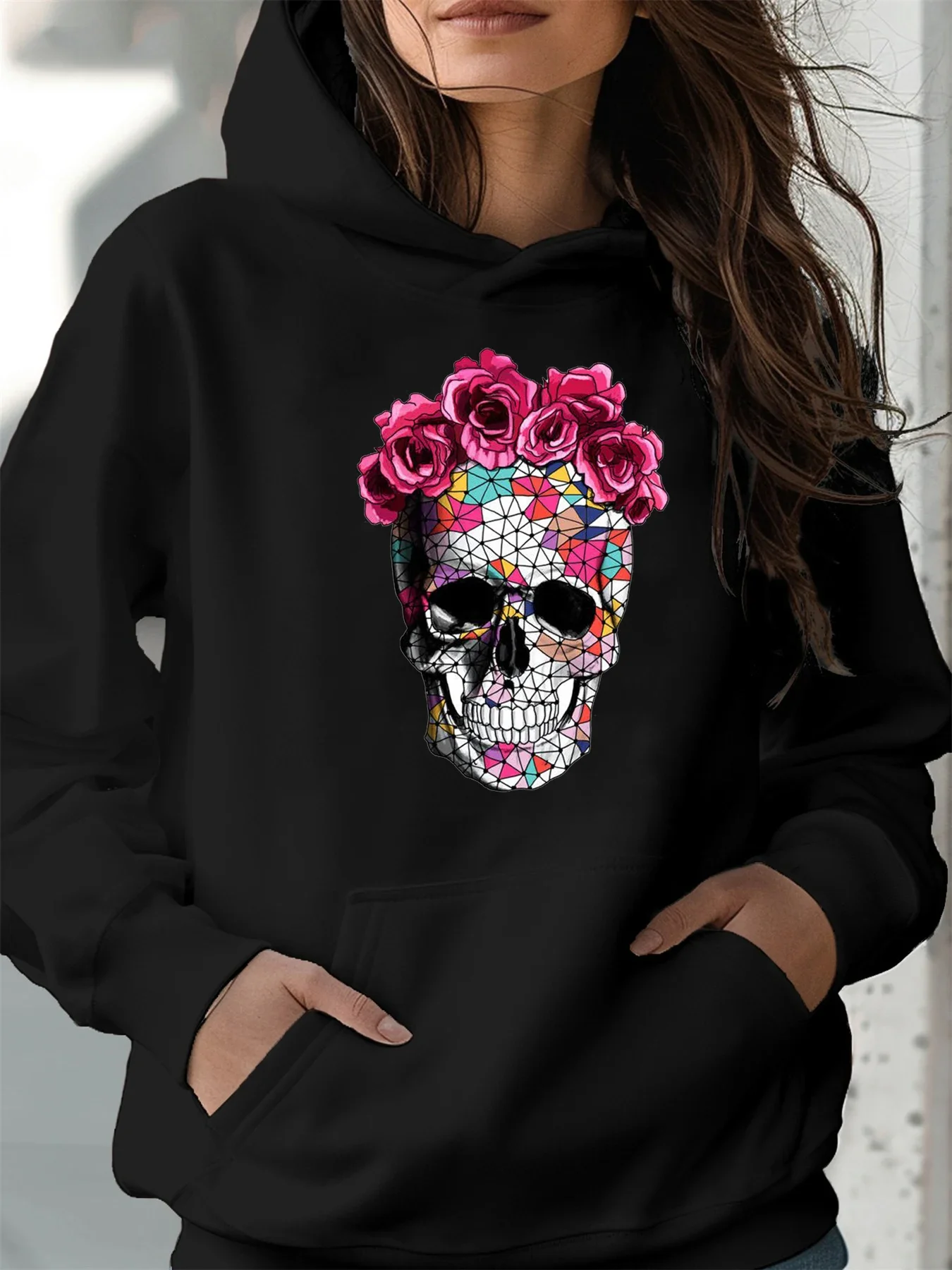 여성용 가을 겨울 따뜻하고 루즈한 캐주얼 장미 해골 패턴 프린트 긴 소매 후드티 겨울옷 여성