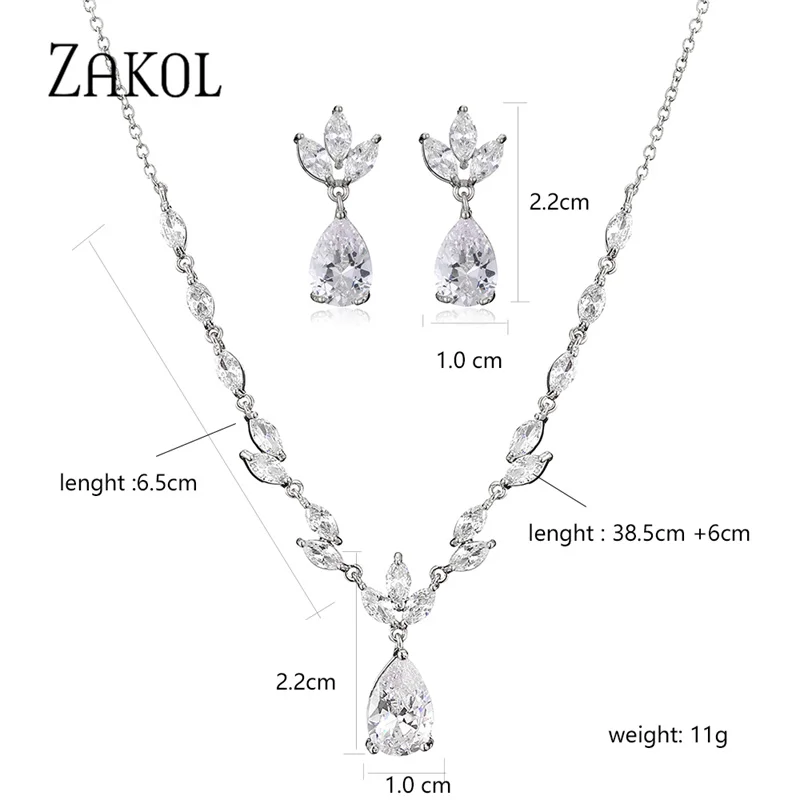 ZAKOL Classic Water Drop Necklace Earrings Set for Women Shinny Leaf Cubic Zircon Jewelry Sets Lady Party Wedding Accessories