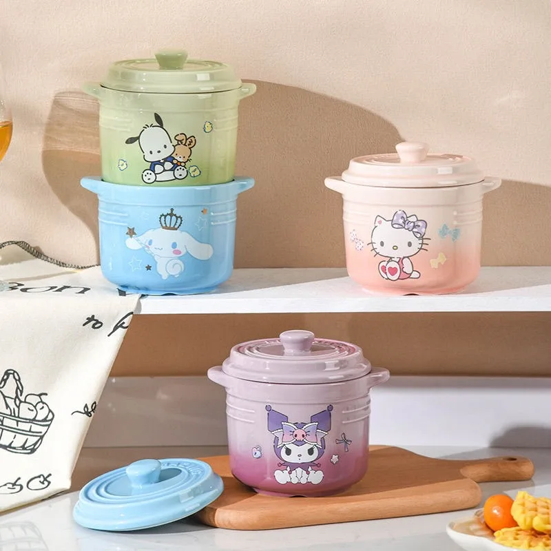 MINISO Cinnamoroll Kuromi stew pot Kawaii Hello Kitty Pochacco household ceramic single person crock pot with lid for stew soup