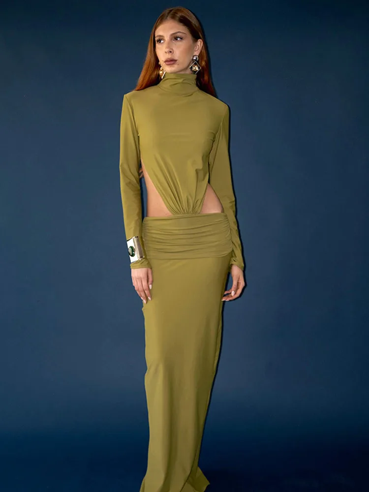 Mozision عارية الذراعين كم طويل مثير فستان ماكسي المرأة ثوب قطع المرقعة الياقة المدورة Ruched Bodycon نادي فستان طويل للحفلات