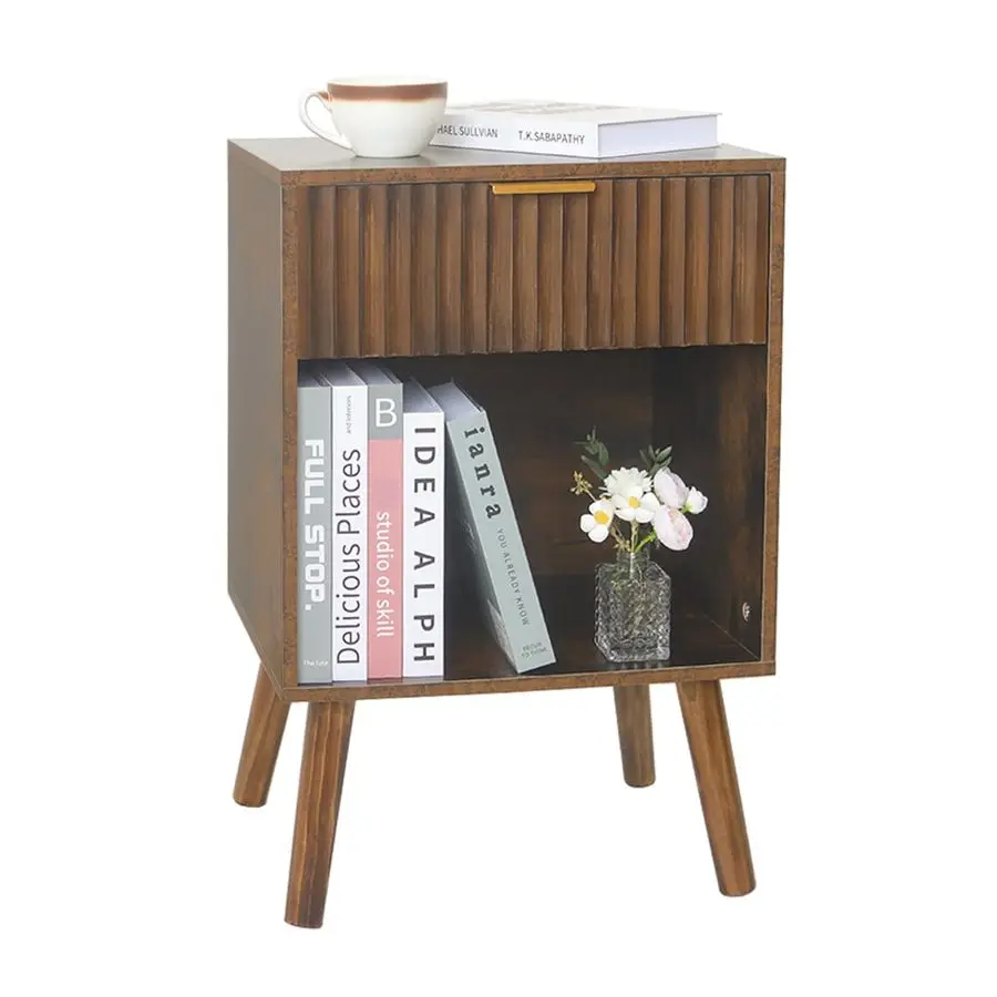 

Century Modern Nightstand, Wood Bedside Table with Drawer and Opening Storage, End Table Living Room Fluted Night Stand with Sol