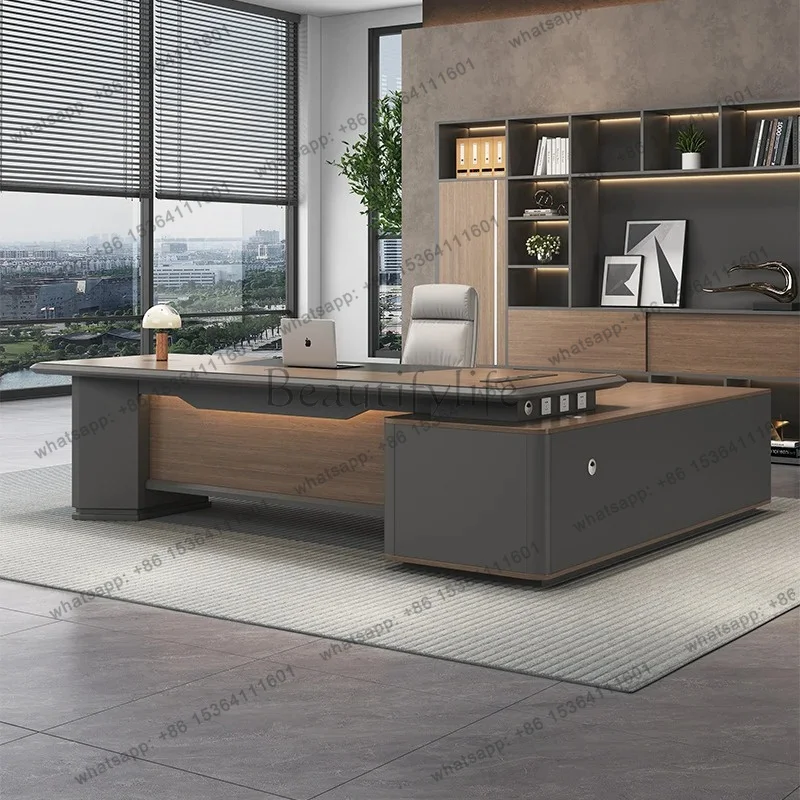 Shaped Storage Office Desk Wireless Charging Black Executive Wooden Manager Table Drawers Writing Mesa