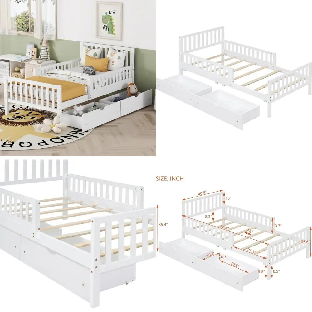 เตียงไม้ขนาดทวินไซส์พร้อมลิ้นชักเก็บของและราวกั้นสำหรับเด็ก