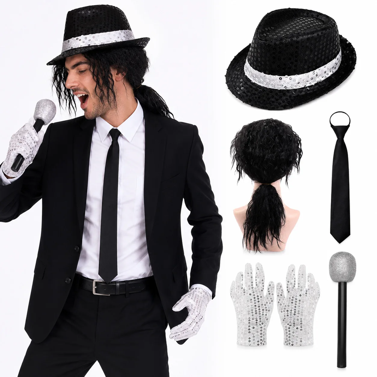 Michael Wig Sequined Hat Tie Glove Set Michael Dress Accessories