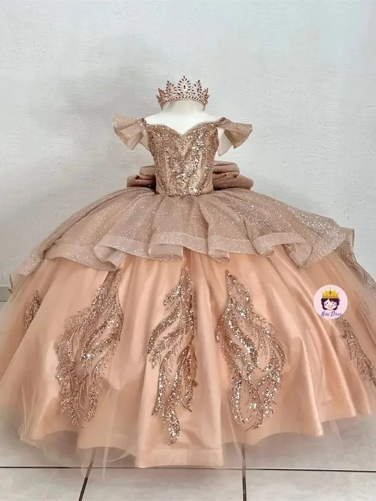 Vestidos de cumpleaños para niñas con lentejuelas de lujo, apliques de encaje con lazo, vestidos de flores para fiesta de boda, vestidos de baile para bebés personalizados