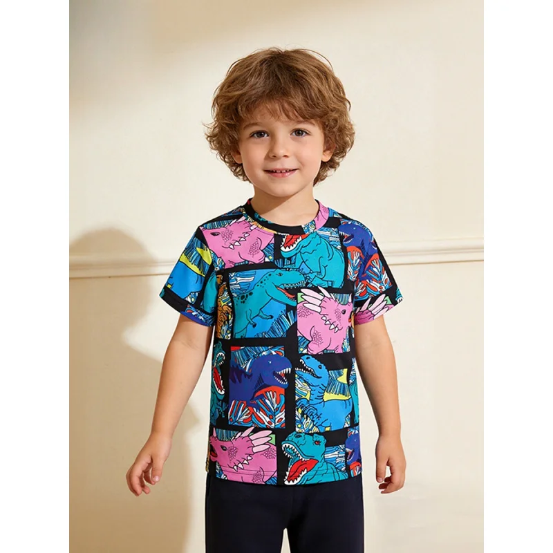 

Summer3-8Year-Old BoyTCartoon dinosaur plaid print children's short-sleeve shirt with round neck