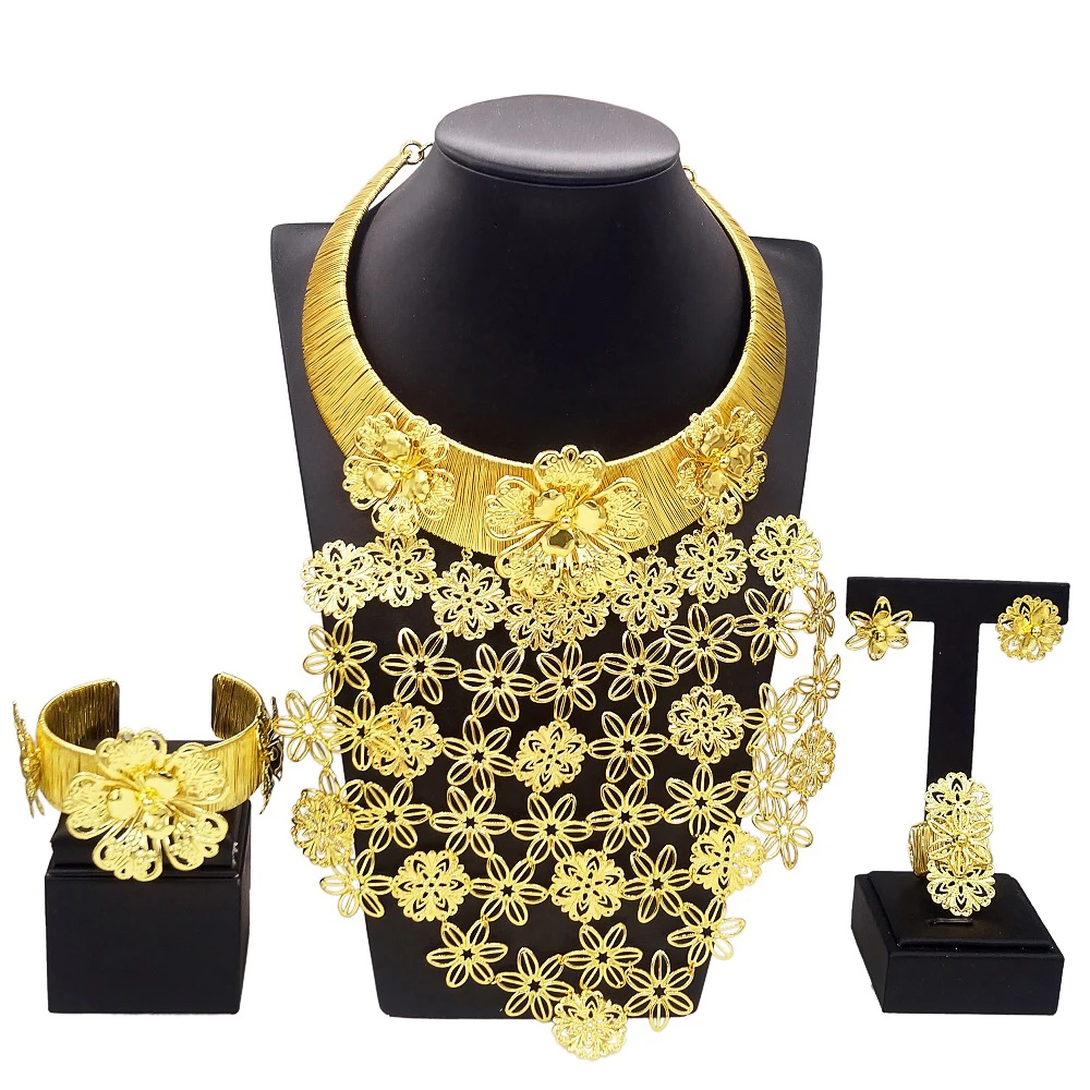 

Ylaili's new gold-plated copper ring jewelry set Luxurious delicate flowers with unique styling for women's wedding anniversary