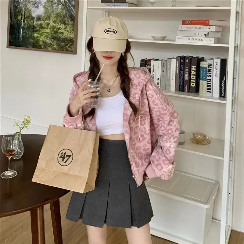 Pink Zip Hoodie Y2k Harajuku Streetwear Leopard Print Ladies Hip Hop Fashion Zipper Loose Casual Long Sleeve Top Women Ulzzang