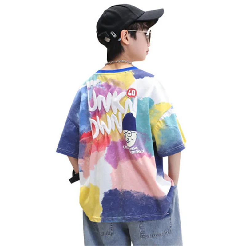 Kids Summer Tie-Dye Cool Boy Casual Tops Print Trendy Children T-shirt Short Sleeve Teenager Tees Cotton Tshirt 4-14 Years Old
