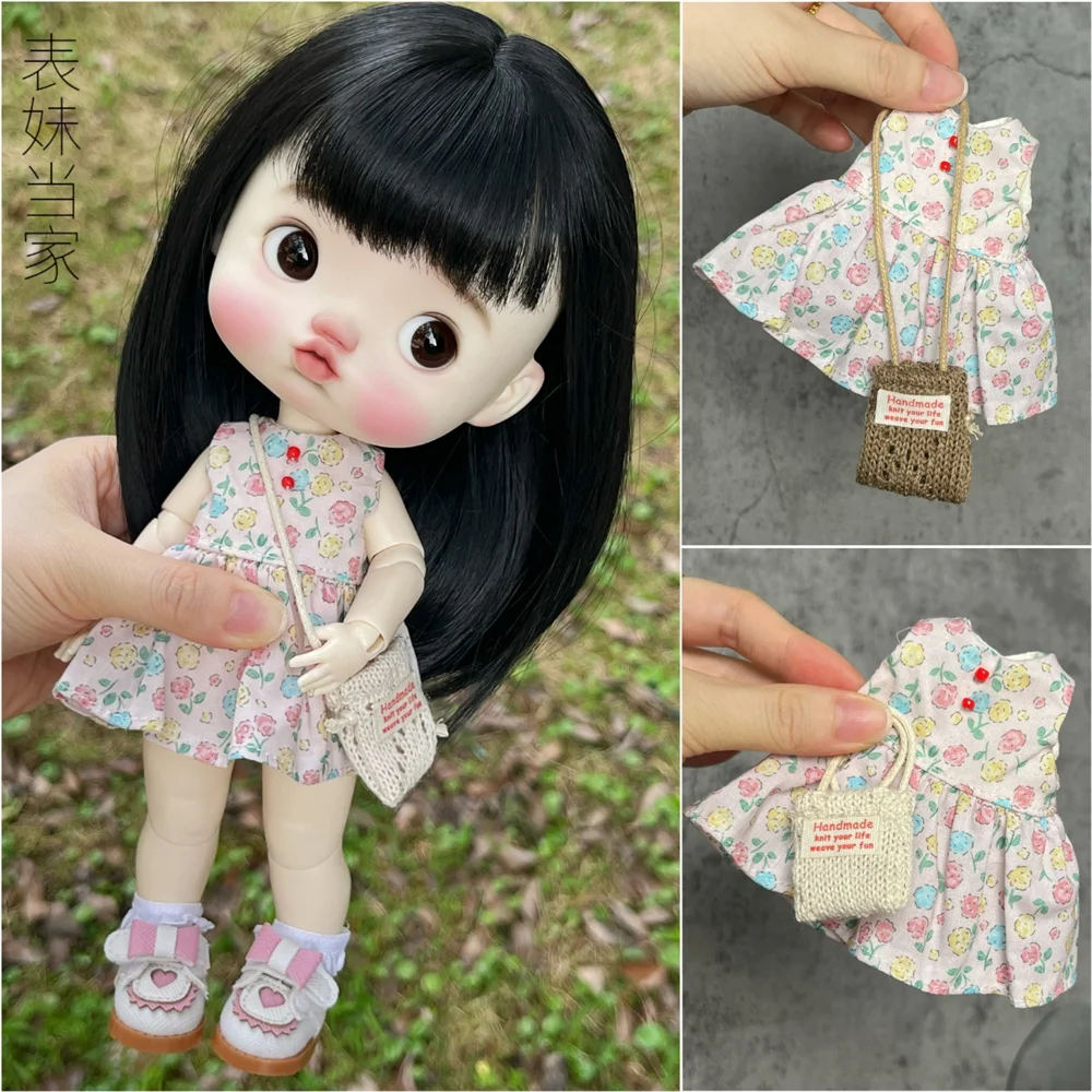 Ubranka dla lalek BJD odpowiednie dla lalek małych rozmiarów 1-6, kwiecista sukienka z torebką, zestaw ubrań, akcesoria dla lalek (2 punkty)