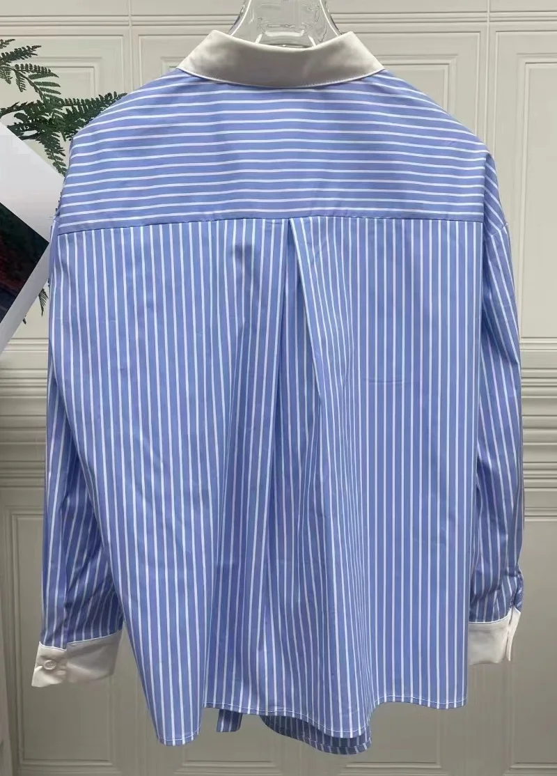 High Quality Brand New Shirts 2024 Spring Pink Blue Shirts Ladies Turn-down Collar Striped Print Belted Long Sleeve Cotton Shirt