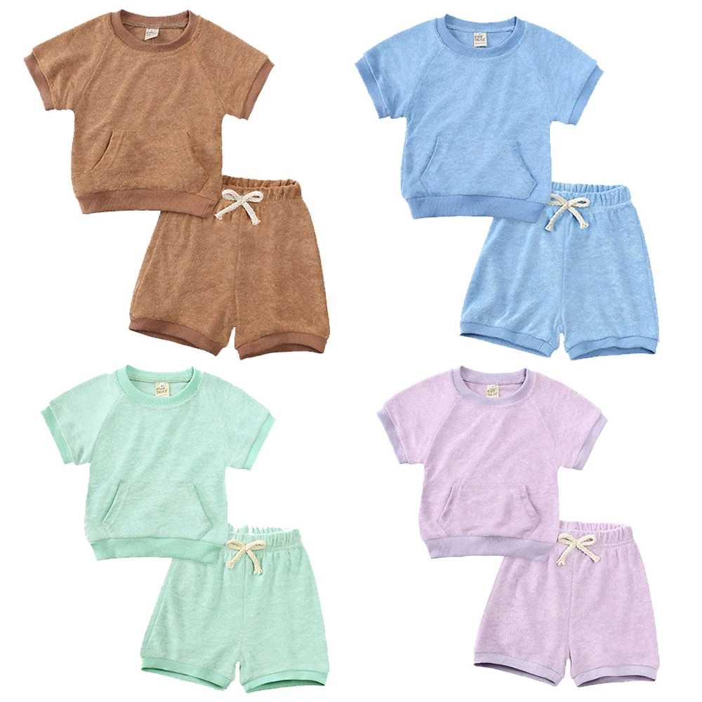 2024 Spring Autumn Kids Outfits Solid Terry Cloth T-shirt+Shorts Clothes Summer Boy Girl Korean Tracksuit For 9M-5T Infant Set