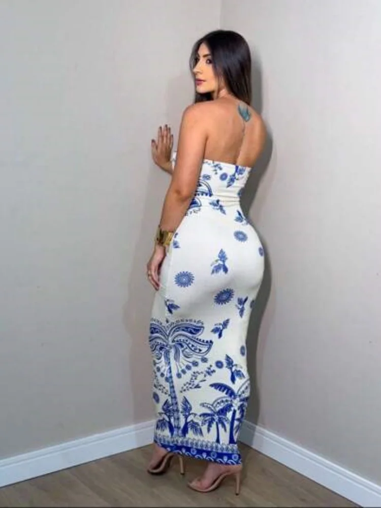 Neckholder-Cheongsam-inspiriertes Midikleid, figurbetontes Kleid mit Schlitz in Blau und Weiß mit Porzellan-Print für elegante Freizeitkleidung