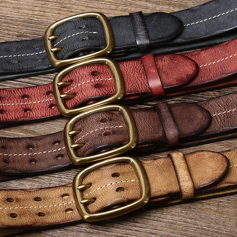 3.8CM Pure Cowhide High Quality Genuine Leather Belts for Men Casual Strap Male Double Needle Brass Buckle Young Man Retro Jeans