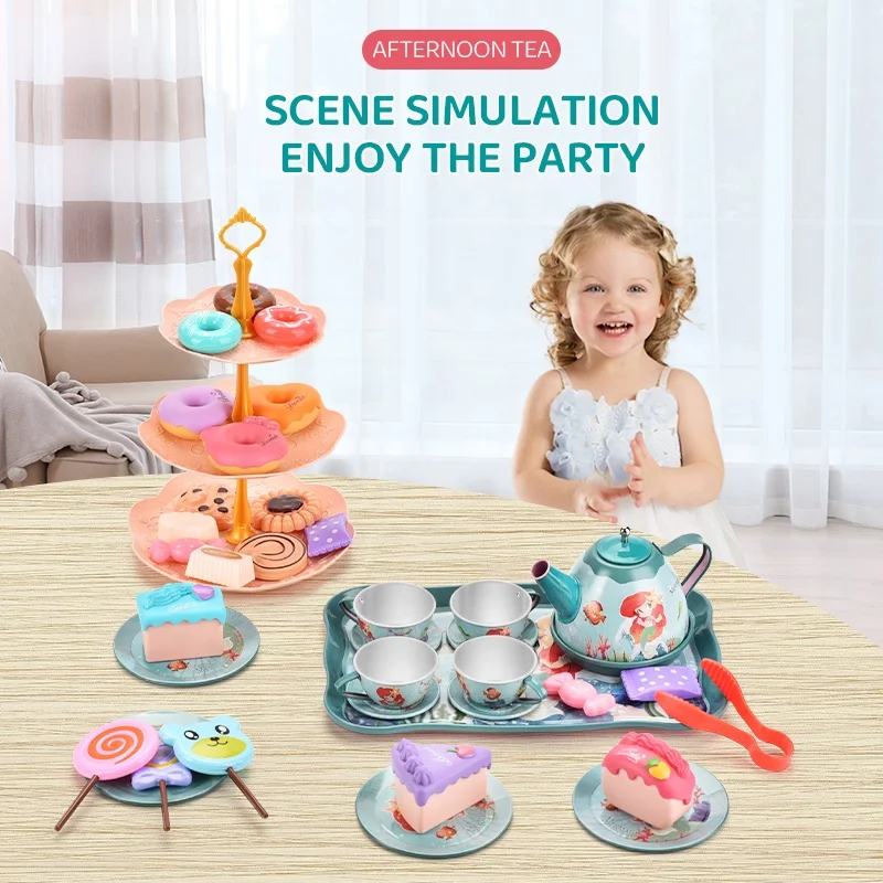 Mermaid Tinplate Afternoon Tea Set Desserts With 3-layer Dessert Stand Simulated Party Cakes Toys For Kids