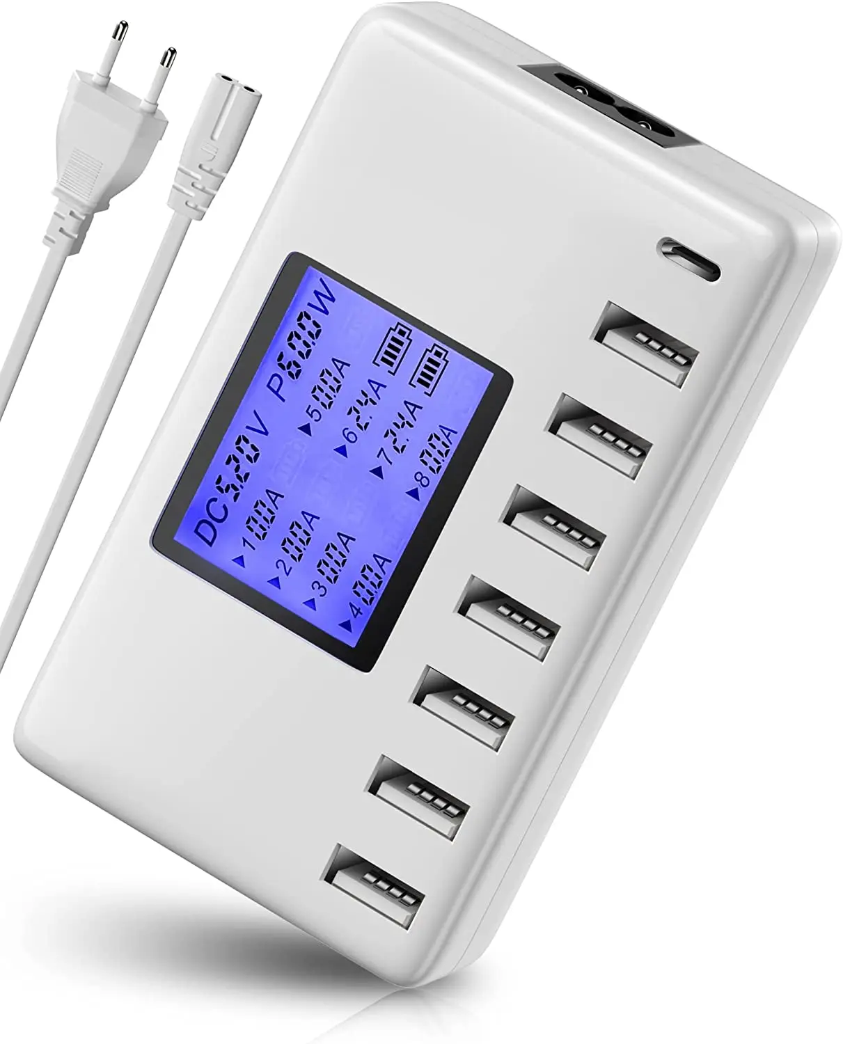 USB Charging Station, 8-Ports 60W/12A Multi Port USB C Hub Charger with LCD Display for Cellphone & Tablet Multiple Devices,