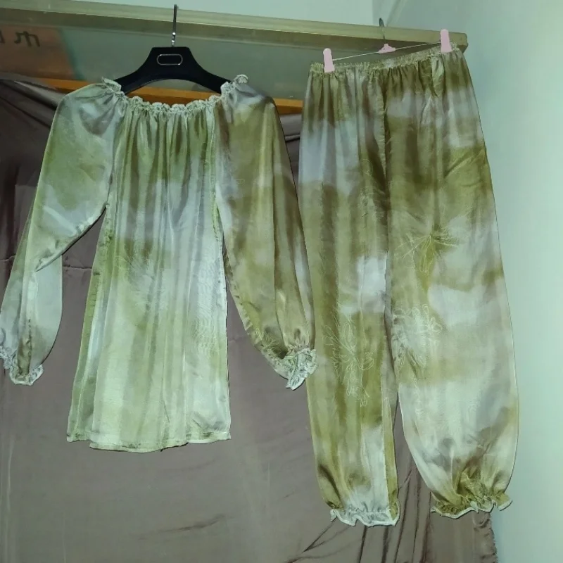 Sexy Silky Chiffon Sleepwear Set Ruffled Loose Soft Long Sleeve Top Pants Sheer Couple Loungewear Two-Piece Set Party Clothing