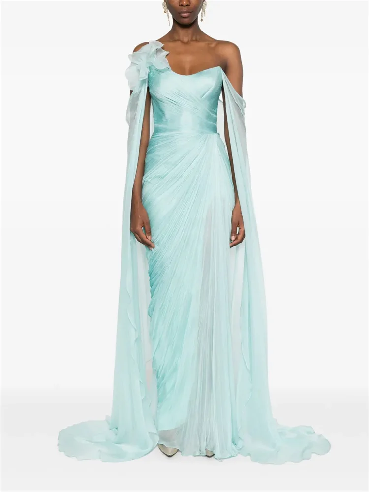 

Customized Exquisite Blue Tulle Pleated Flower Dress Off-shoulder Shawl Sleeves Shoulder Flower Applique Dangling Evening Dress