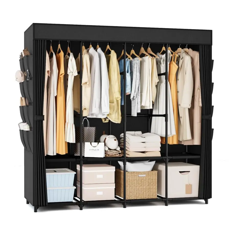 

Шкаф для подвешивания одежды, портативный шкаф шириной 67 дюймов с крышкой, 4 штанги для подвешивания, полки для хранения и боковые карманы,