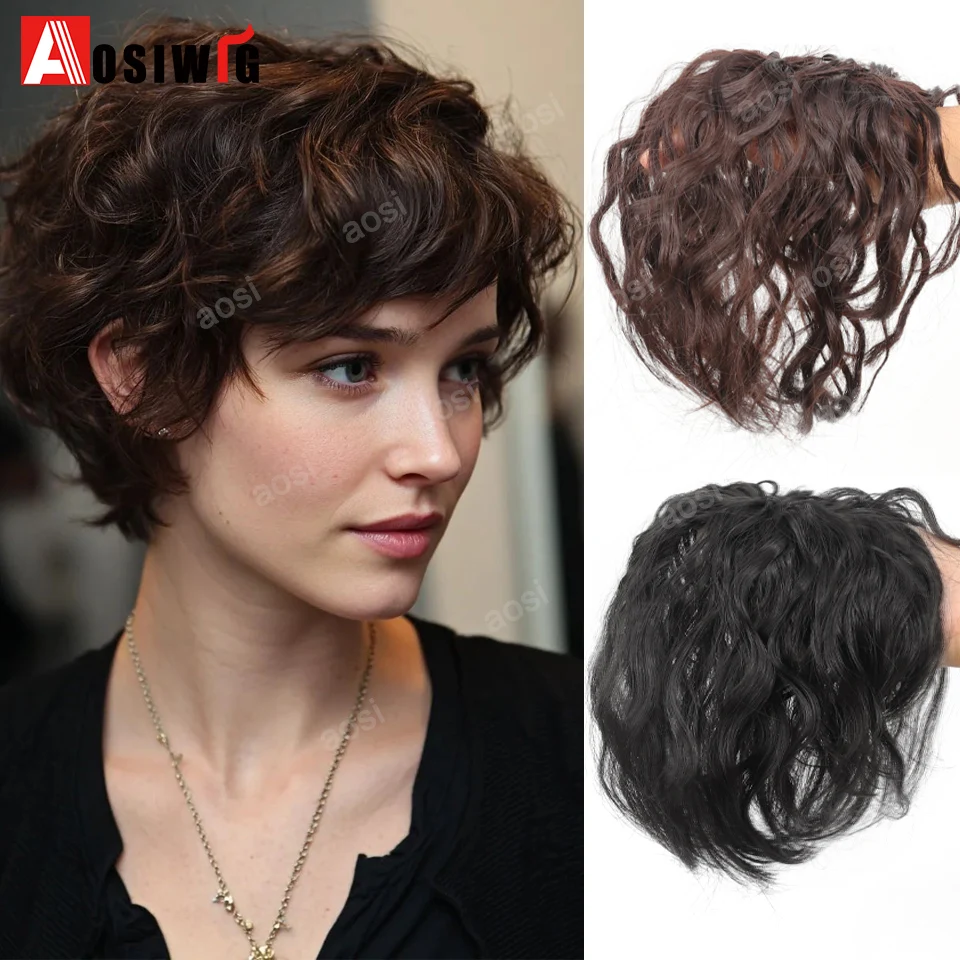 3D Bangs Invisible Short Curly Synthetic Topper Wigs Seamless Clip Ins Hair With 2 Clips Increase Hair Volume Cover White Hair