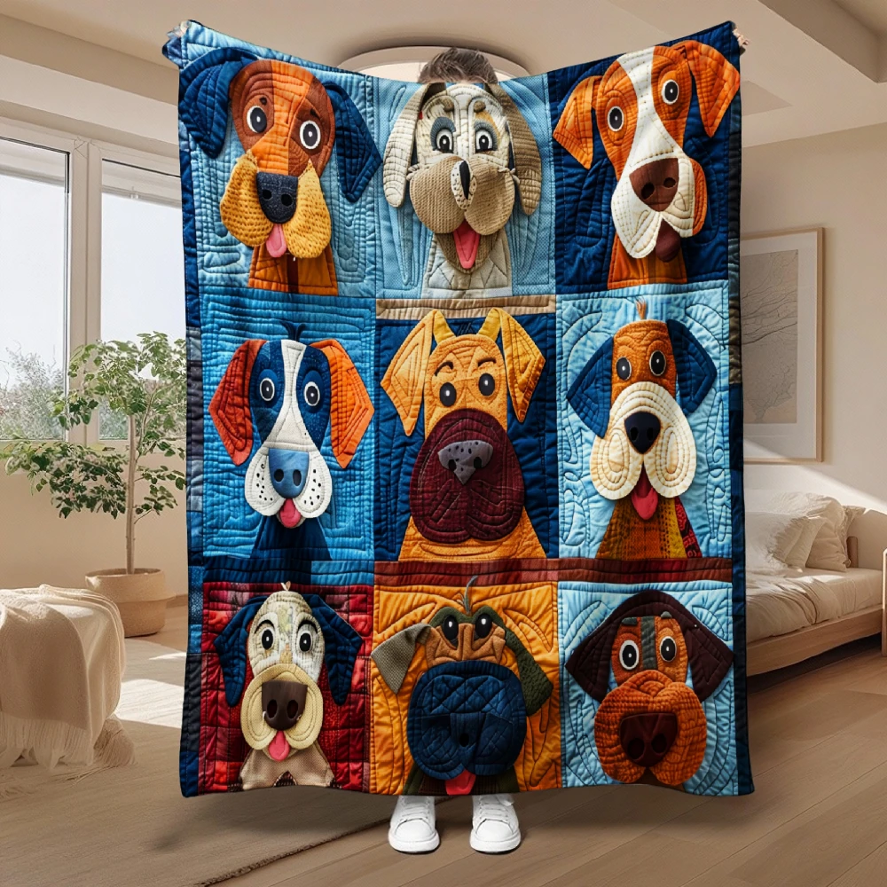 Cute Cartoon Dogs Pattern, Dog Lovers Gift, Quilted Blanket, Colorful Puppy Faces Design, Home Decor And, Soft Cozy Multi-Purpos