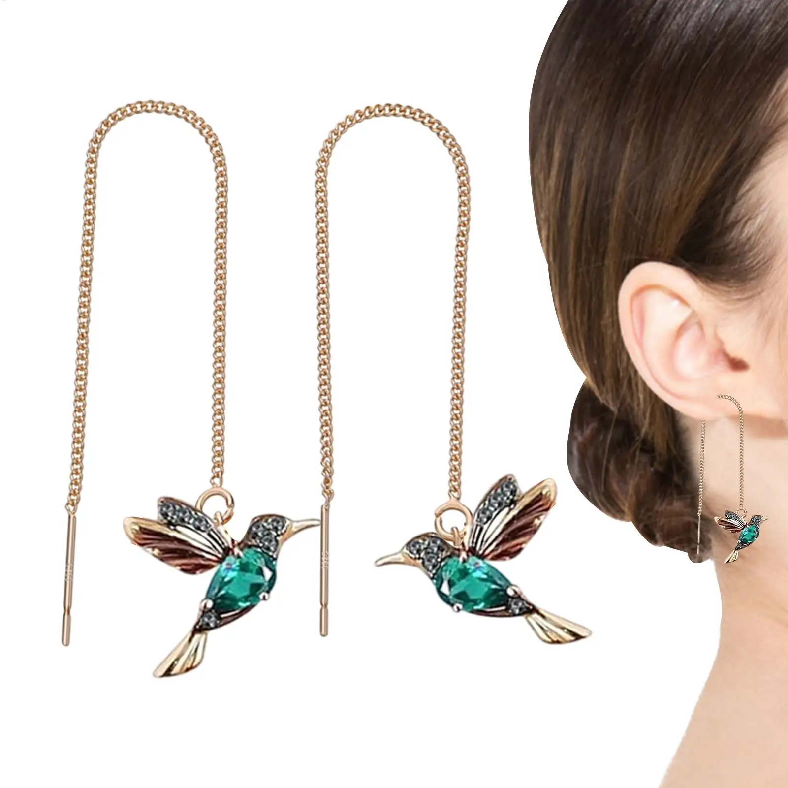 Women Hummingbird Pull Through Threader Earrings Hummingbird Wing Pendant Necklaces alloy Light Weight Long Chain Drop Earrings