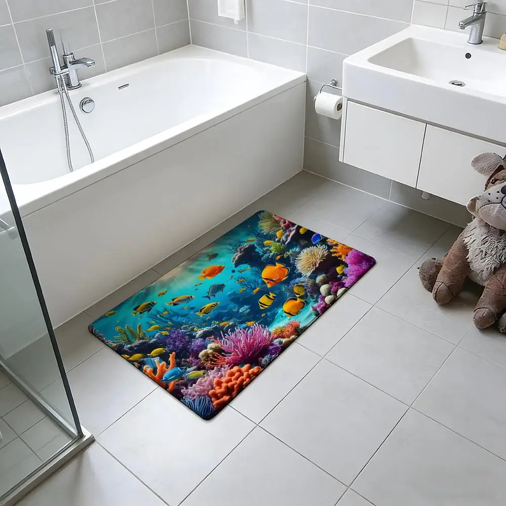 fashion C-Coral Fish Floor Mat Absorbent Floor Mat Non-Slip Entrance Rug for Bathrooms Restrooms and Toilets