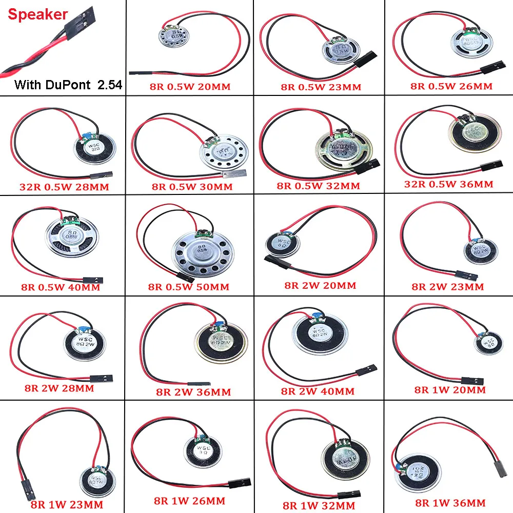 1Piece 8R 32R 0.5W 1W 2W Ultra-thin Speaker Diameter 20 23 26 28 30 32 36 40 50MM With DuPont Line 2.54 Terminal