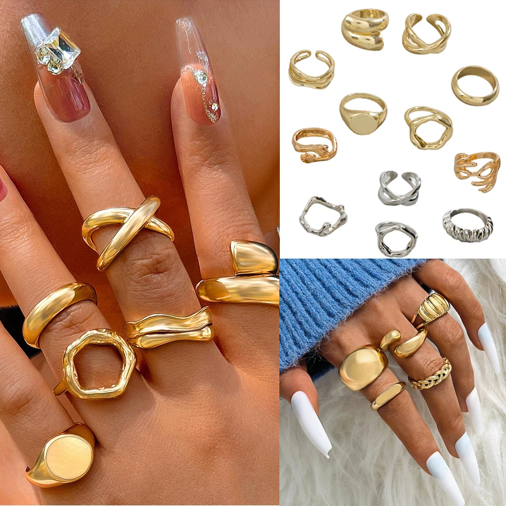 4/610Pcs/Set Gold Silver Irregular Ring Punk Style Jewelry Accessories Female Exaggerated Metal Rings Fashion Opening Size Rings